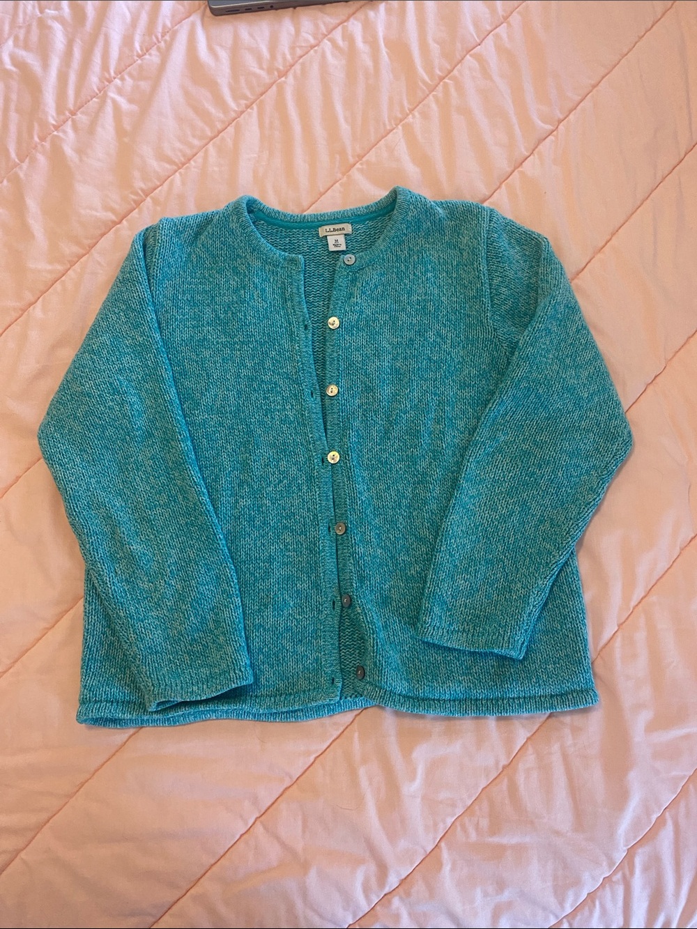 LL Bean 100% cotton cardigan sweater aqua medium